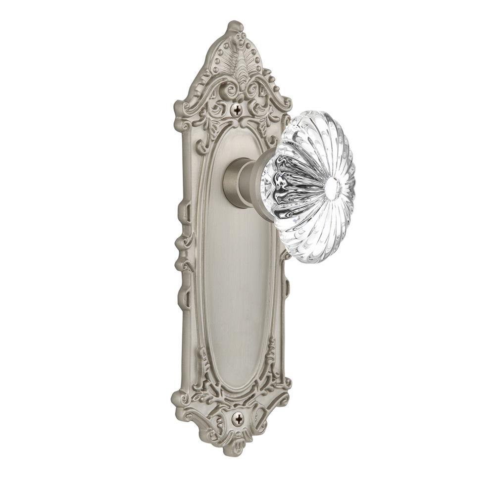 Nostalgic Warehouse VICOFC Passage Knob Victorian Plate with Oval Fluted Crystal Knob without Keyhole in Satin Nickel